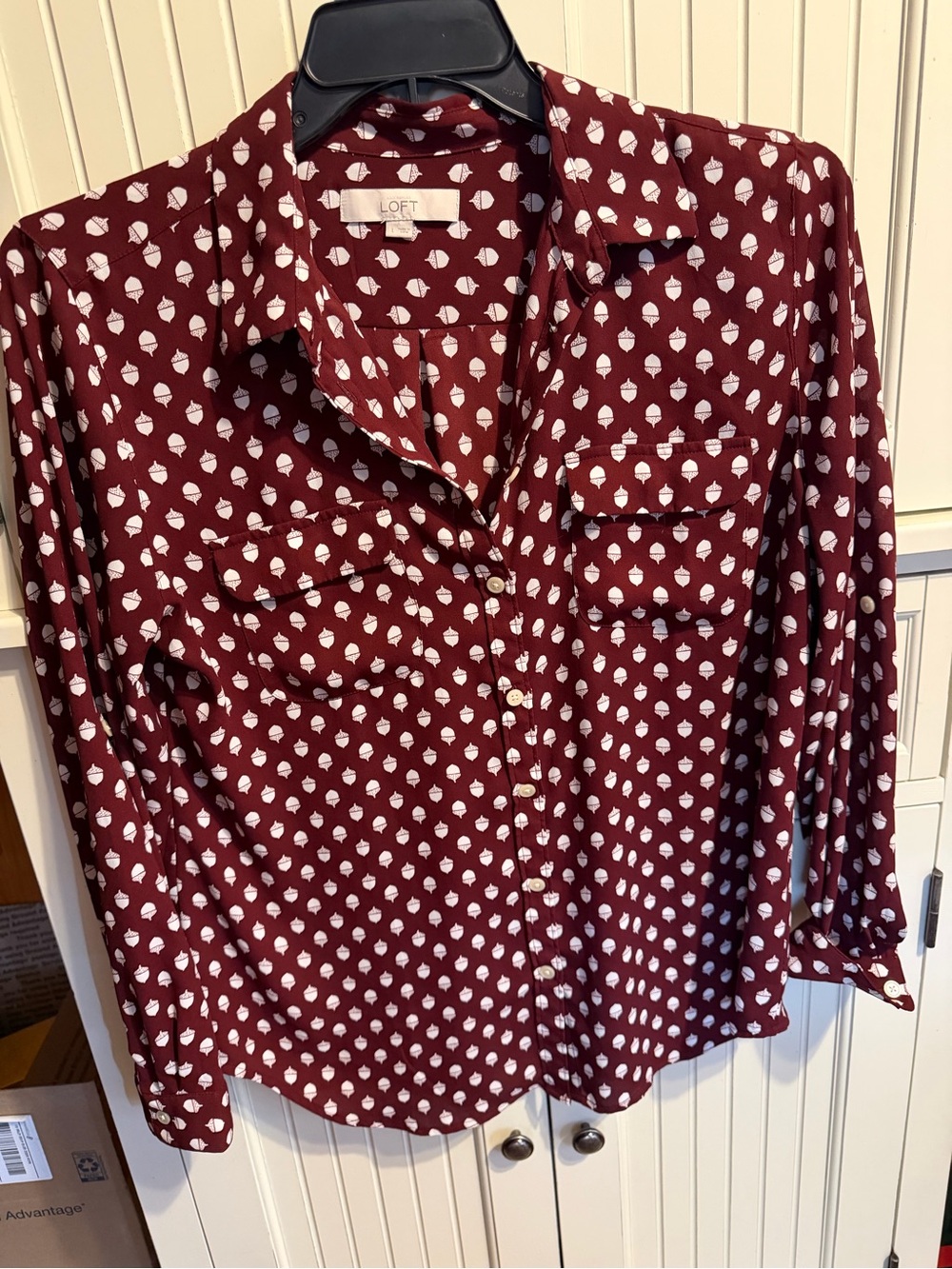 LOFT Burgundy Button-Down Shirt with White Acorn Print